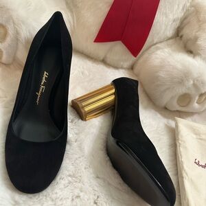 NEW! Salvatore Ferragamo Black Heels with Thick Gold Heel and Pointed Toe